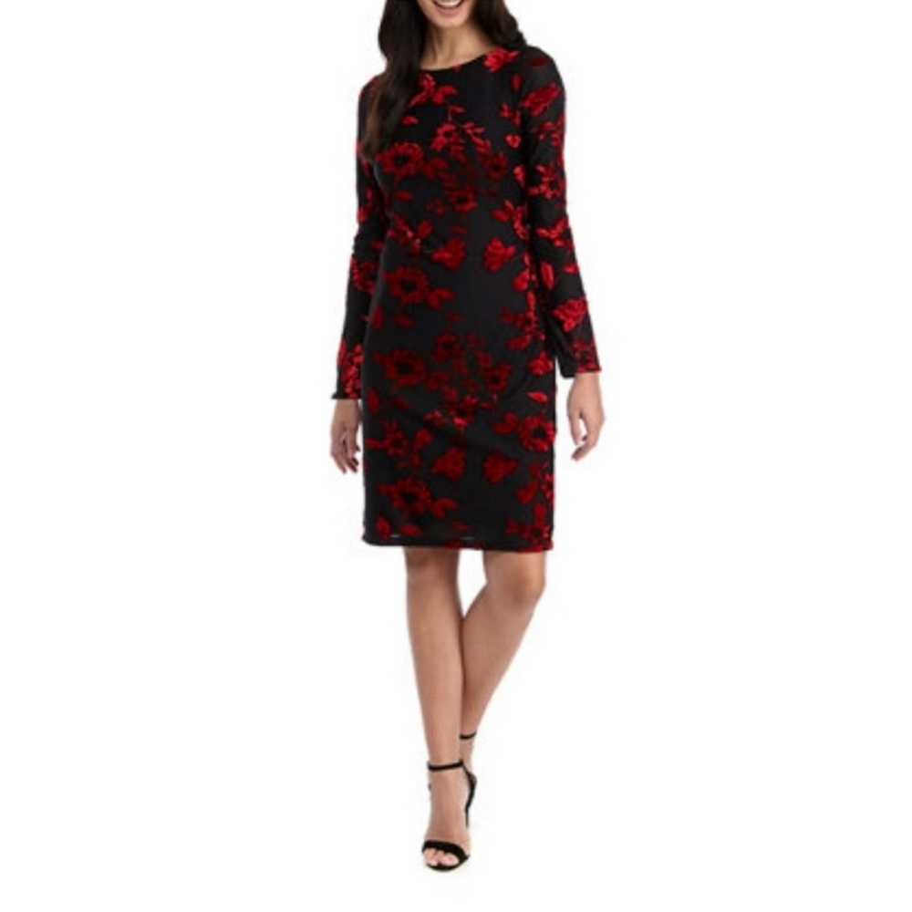 Jessica Howard long sleeve floral flocked sheath Black and red Dress EUC 12P